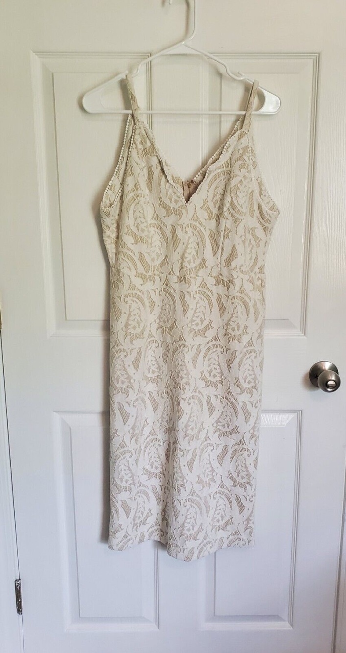 She & Sky Center Of Attention Lace  Dress Size Large NWT White Over Beige